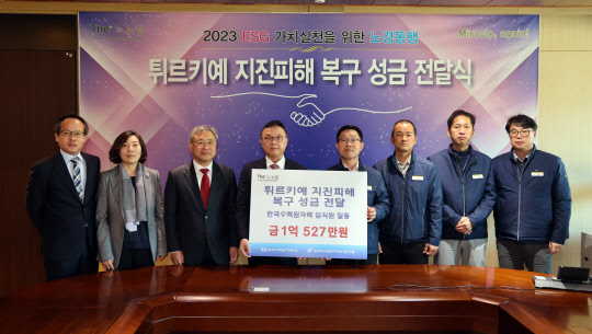 한수원 노사가 자발적으로 모금한 튀르키예와 시리아 구호를 위한 성금을 23일 대한적십자사로 전달했다. <한수원>